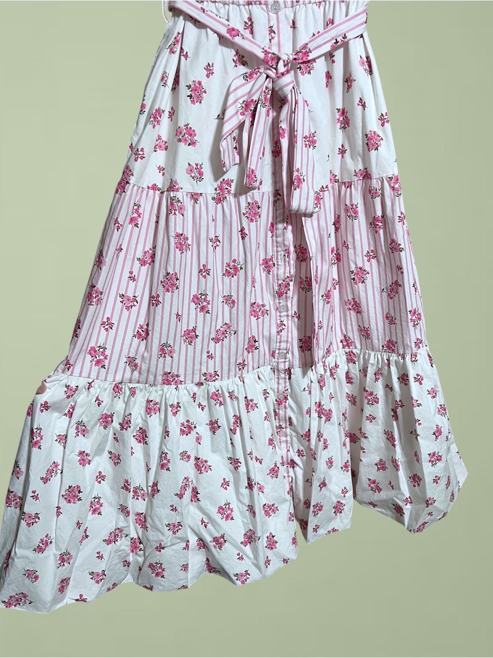 Pink & White Floral Tiered Cotton Puff Sleeve Dress Sz Medium - Picture 8 of 12